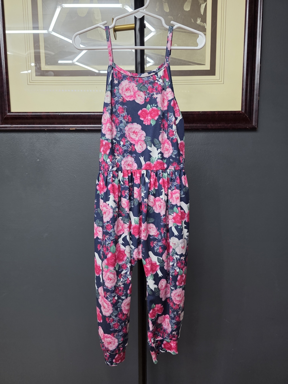Girls' Floral Navy & Pink Jumpsuit